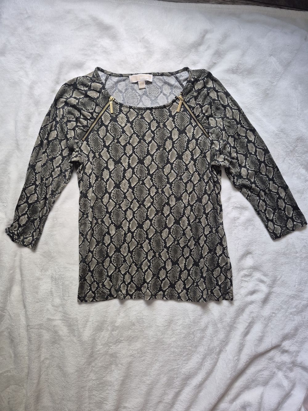 Michael Kors Snake-Print 3/4 Sleeve Top with Zip Accents